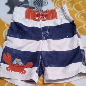 Blue and White Striped Swim Shorts with Elastic Waistband